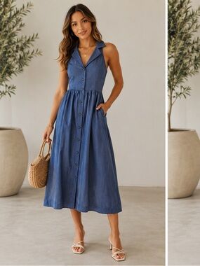 RIHOAS Blue Chambray Lapel Button Front Midi Dress Size S NWT